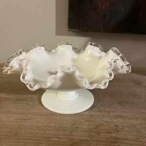 Fenton Silver Crest Footed‎ Comport 1950's White Milk Glass Ruffle Fluted MCM